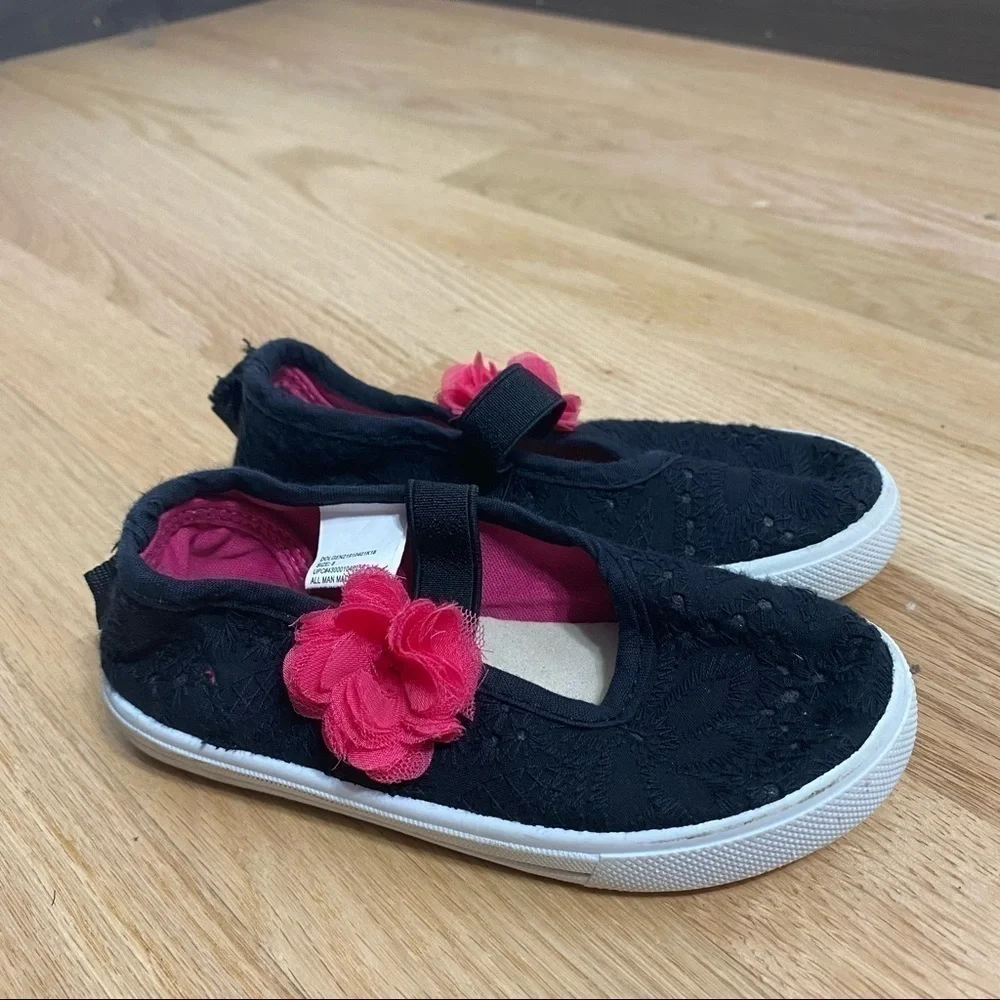 Black Mary Jane Sneakers W/ Pink Flower Sz 8 Toddler Shoe